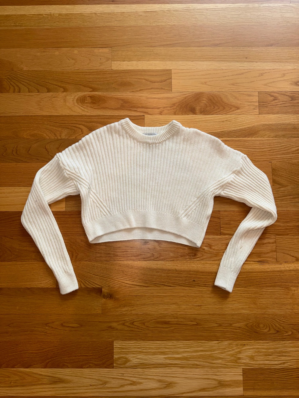 Women's Cream Ribbed Cropped Crewneck Sweater